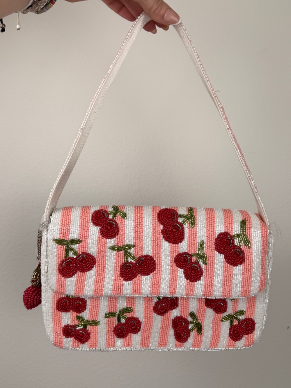 Hand crafted Pink & White Striped Cherry Beaded Shoulder Bag